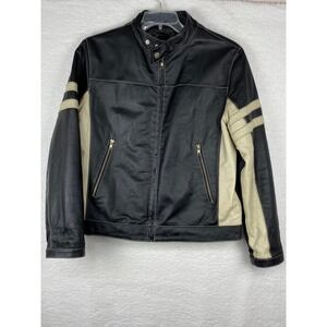 Wilsons Leather M Julian Mens Black Cafe Racer Moto Jacket Cream Stripe Medium